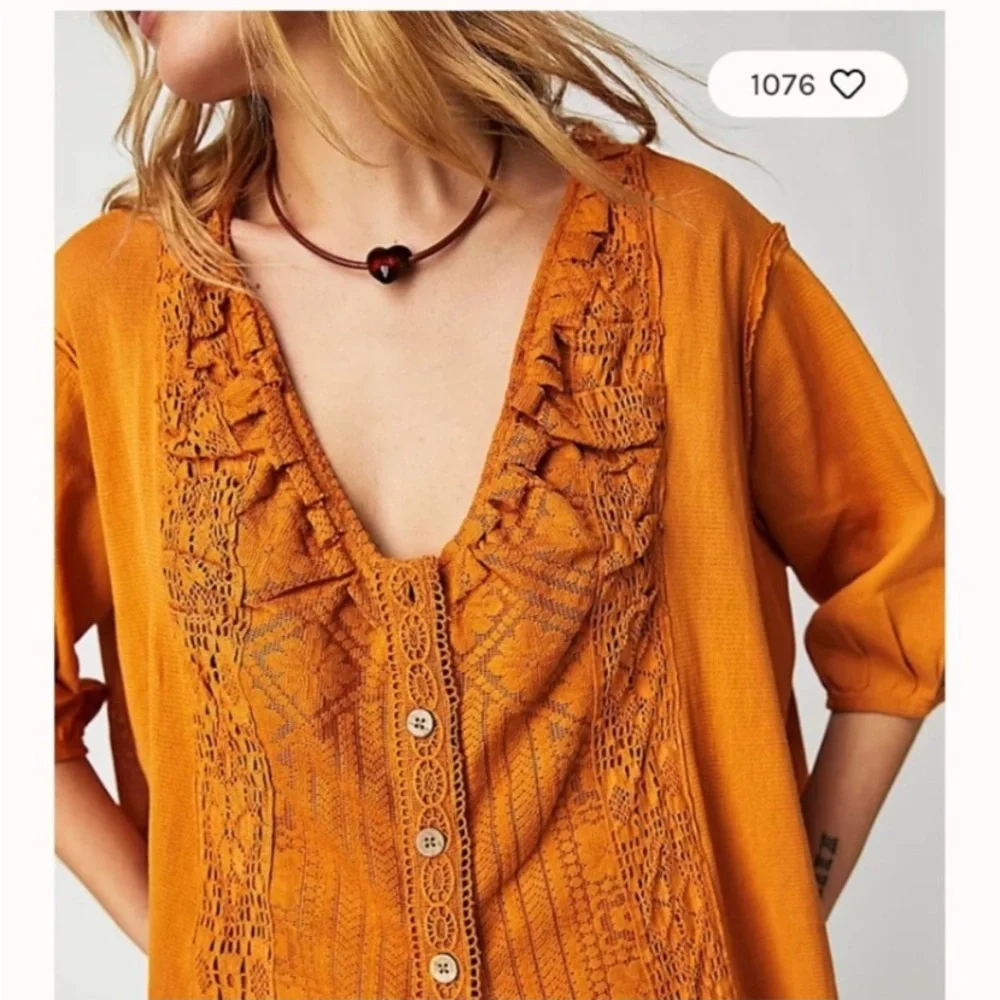 Free People Mae Top Relaxed Crochet Russet Orange Size Small NWT